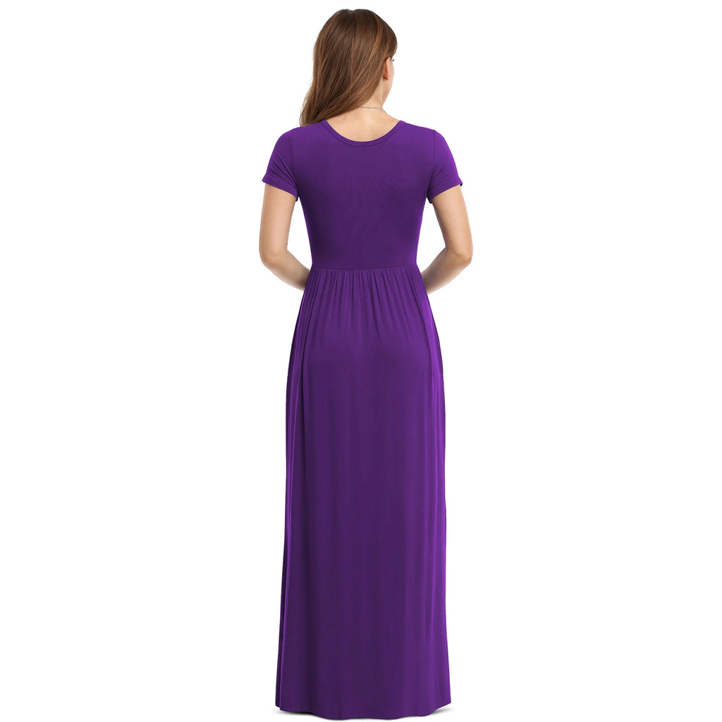Effortlessly Chic Women's Short Sleeve Maxi Dress with Pockets - Dark Purple, XL