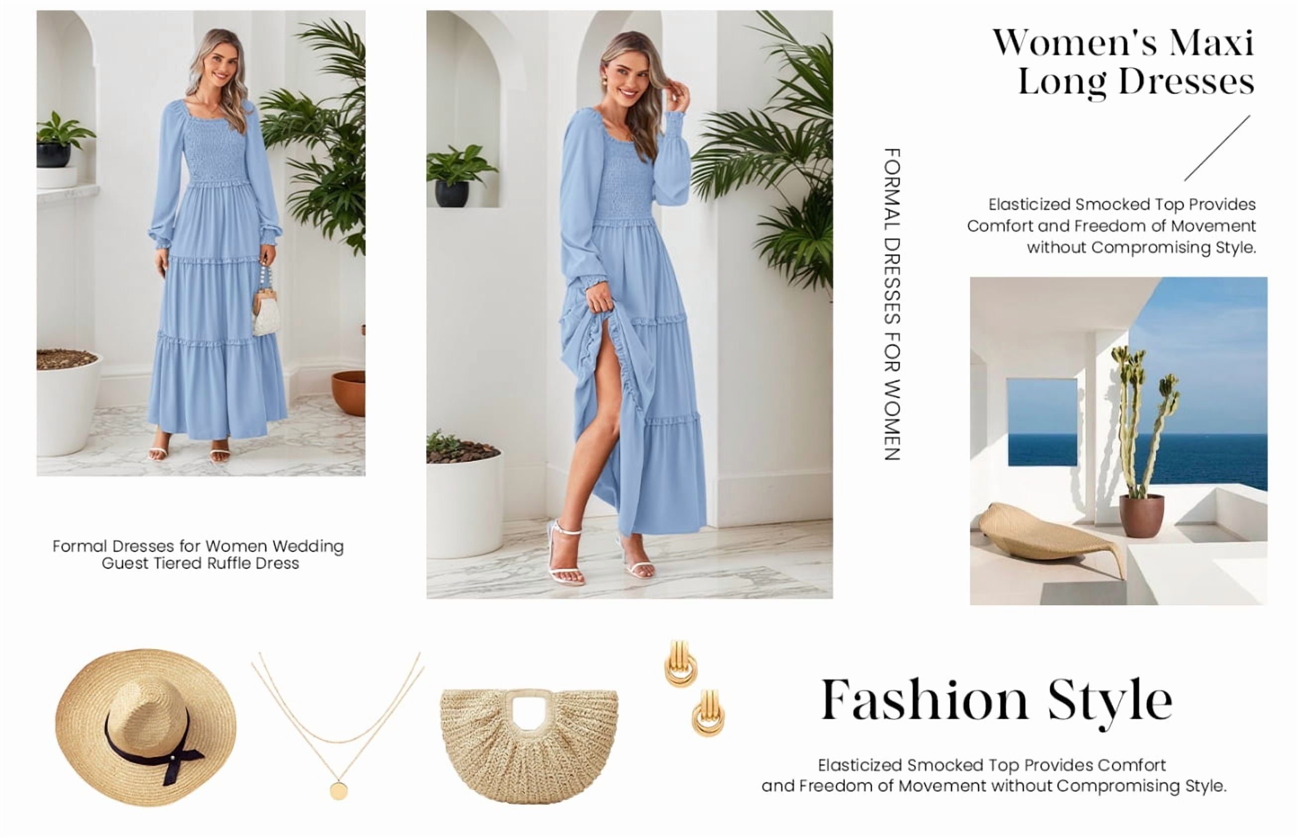 Chic Women's Smocked Maxi Dress - Long Sleeve Square Neck A-Line with Pockets for Casual Elegance