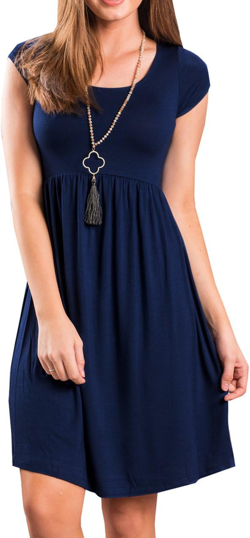 Chic Women's Navy Short Sleeve Empire Waist Casual Swing T-Shirt Dress - Perfect for Any Occasion!