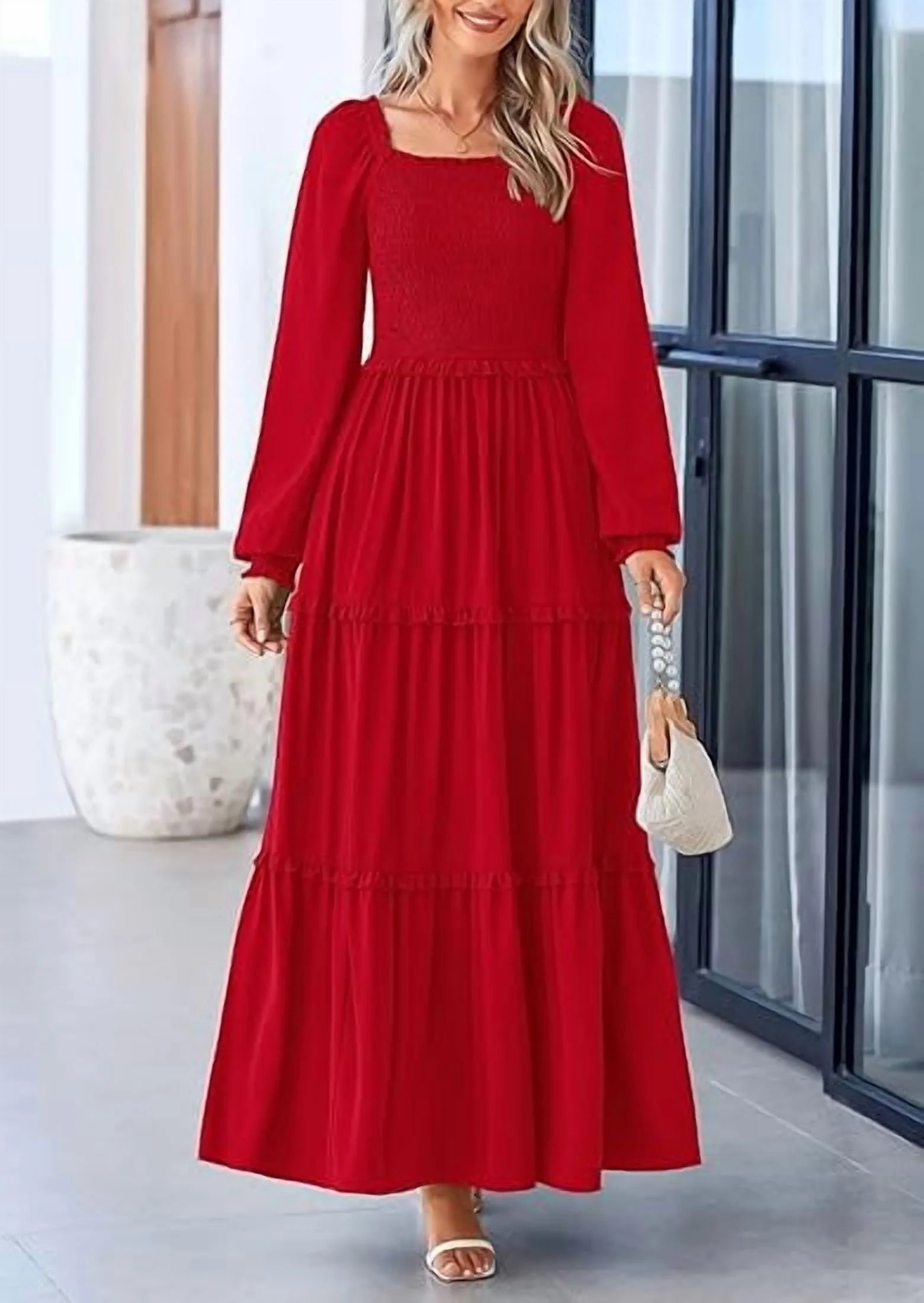 Chic Women's Smocked Maxi Dress - Long Sleeve Square Neck A-Line with Pockets for Casual Elegance