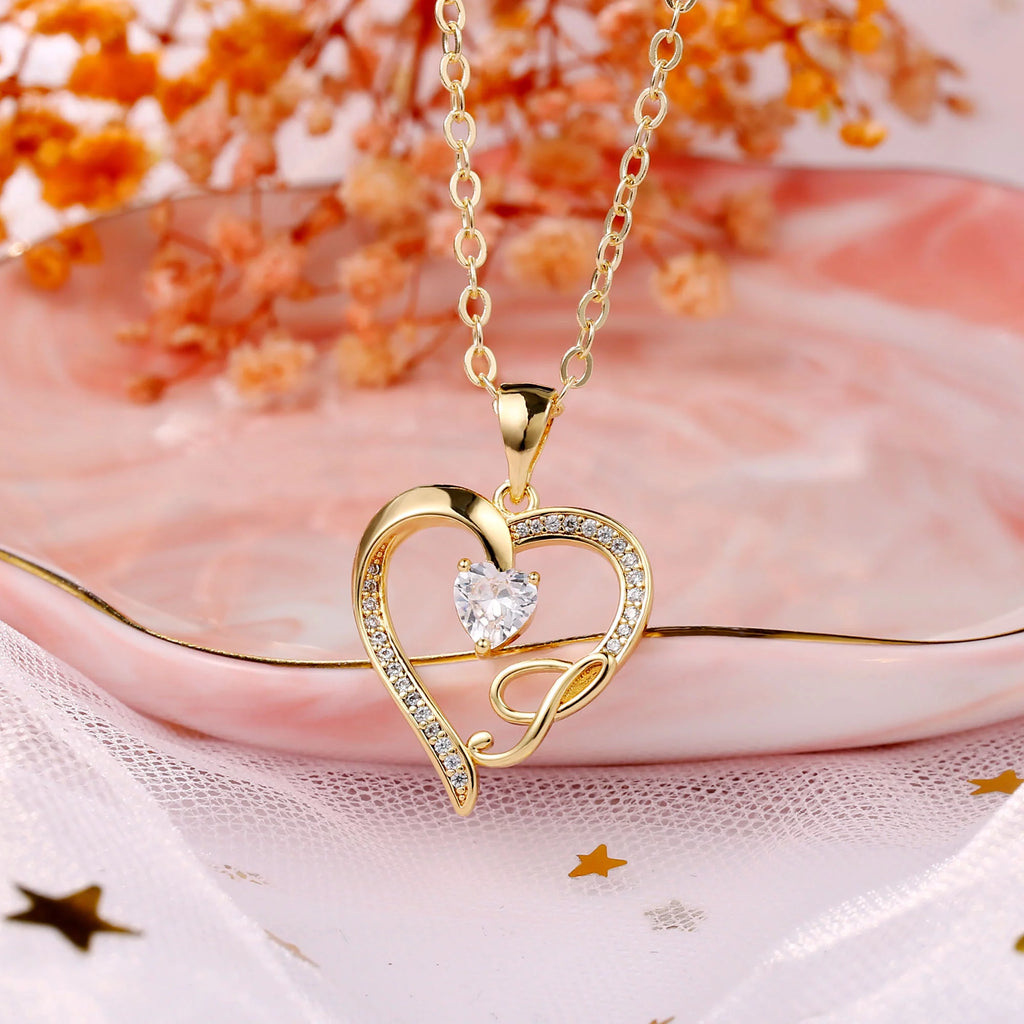 Personalized Initial Heart Necklace for Women - 14K Gold Plated with Sparkling Cubic Zirconia