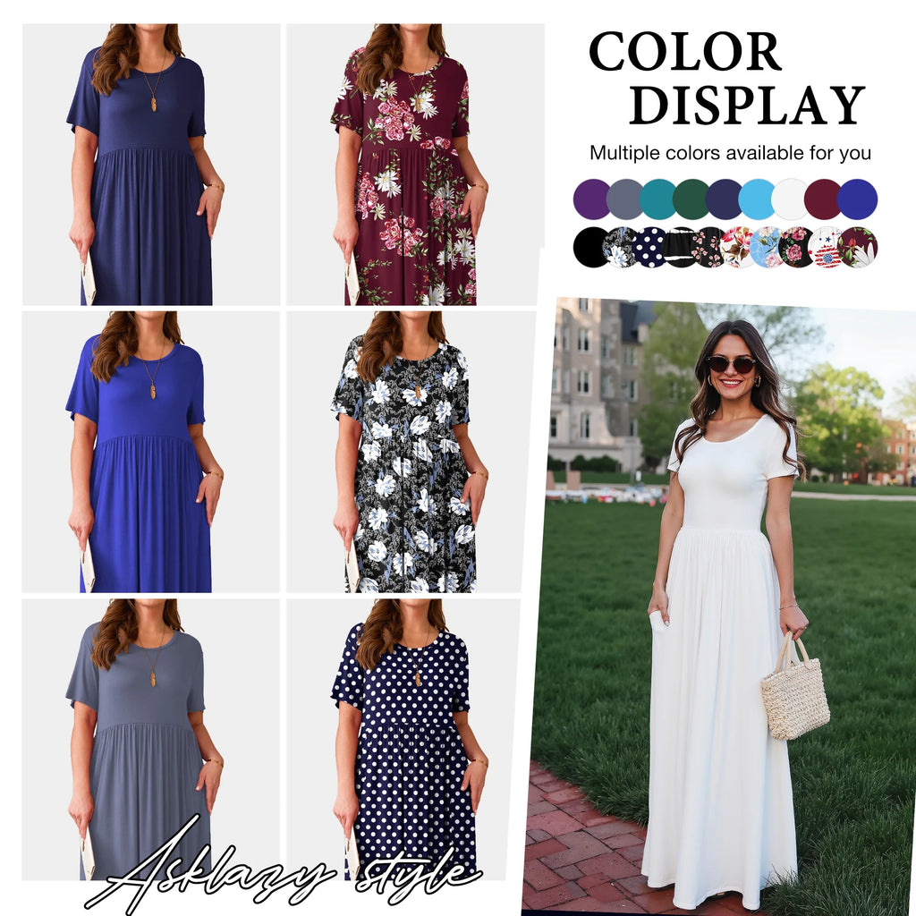 Effortlessly Chic Women's Short Sleeve Maxi Dress with Pockets - Dark Purple, XL