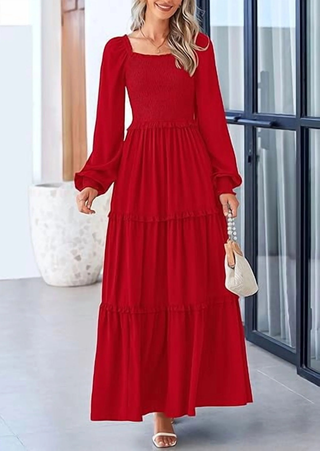 Chic Women's Smocked Maxi Dress - Long Sleeve Square Neck A-Line with Pockets for Casual Elegance