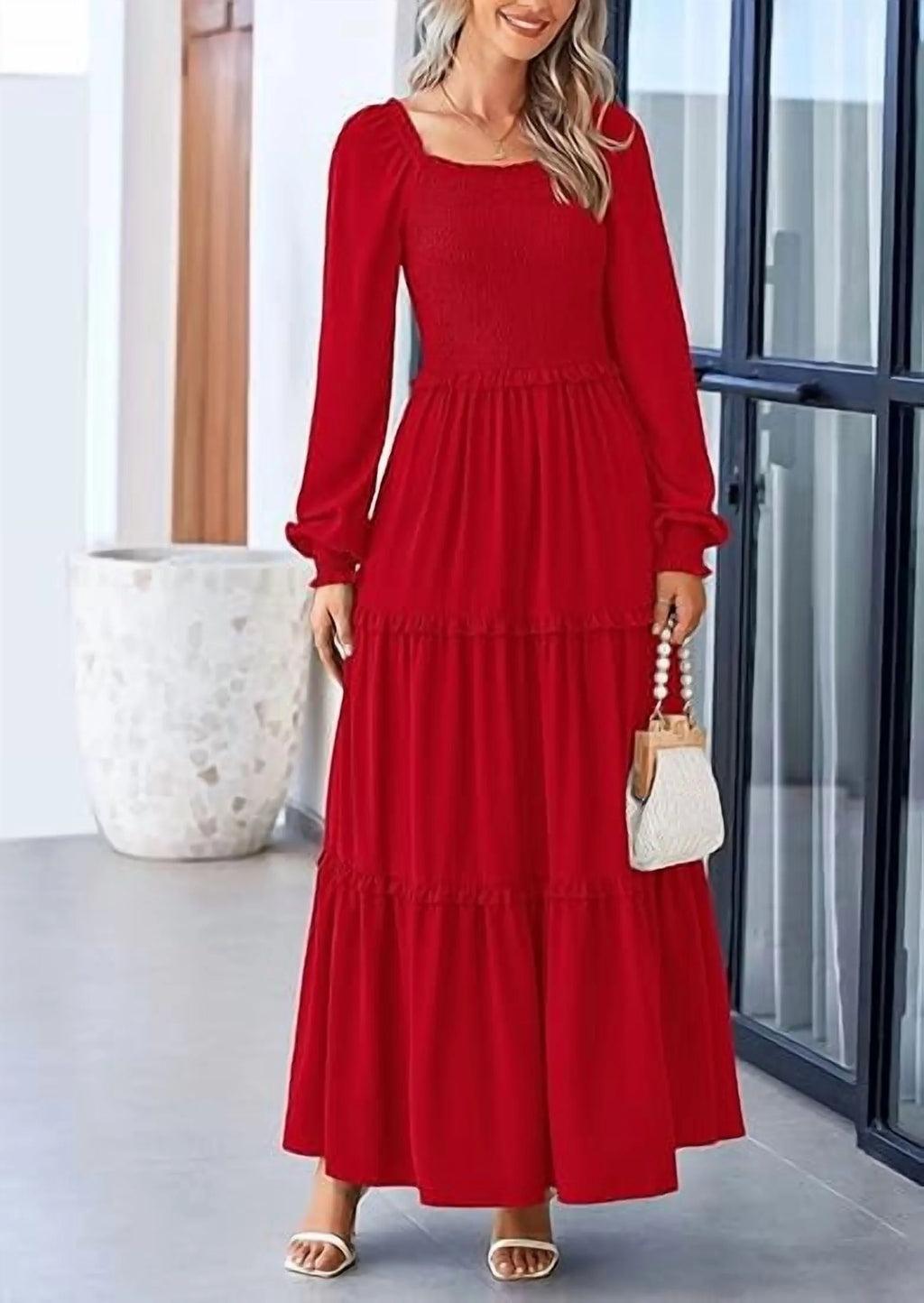 Chic Women's Smocked Maxi Dress - Long Sleeve Square Neck A-Line with Pockets for Casual Elegance