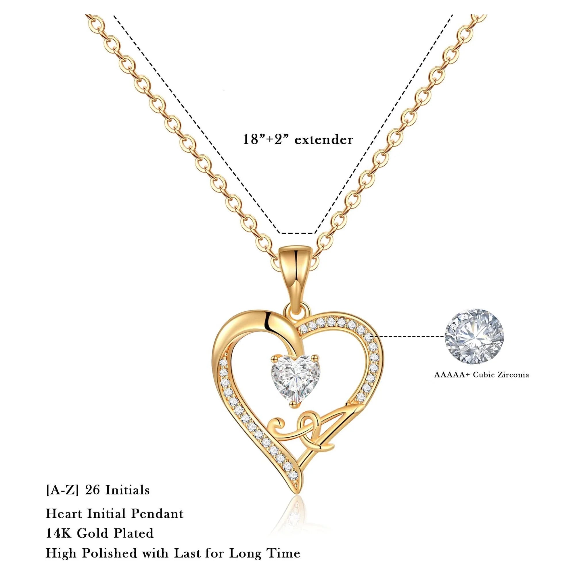 Personalized Initial Heart Necklace for Women - 14K Gold Plated with Sparkling Cubic Zirconia
