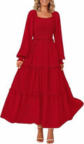 Chic Women's Smocked Maxi Dress - Long Sleeve Square Neck A-Line with Pockets for Casual Elegance