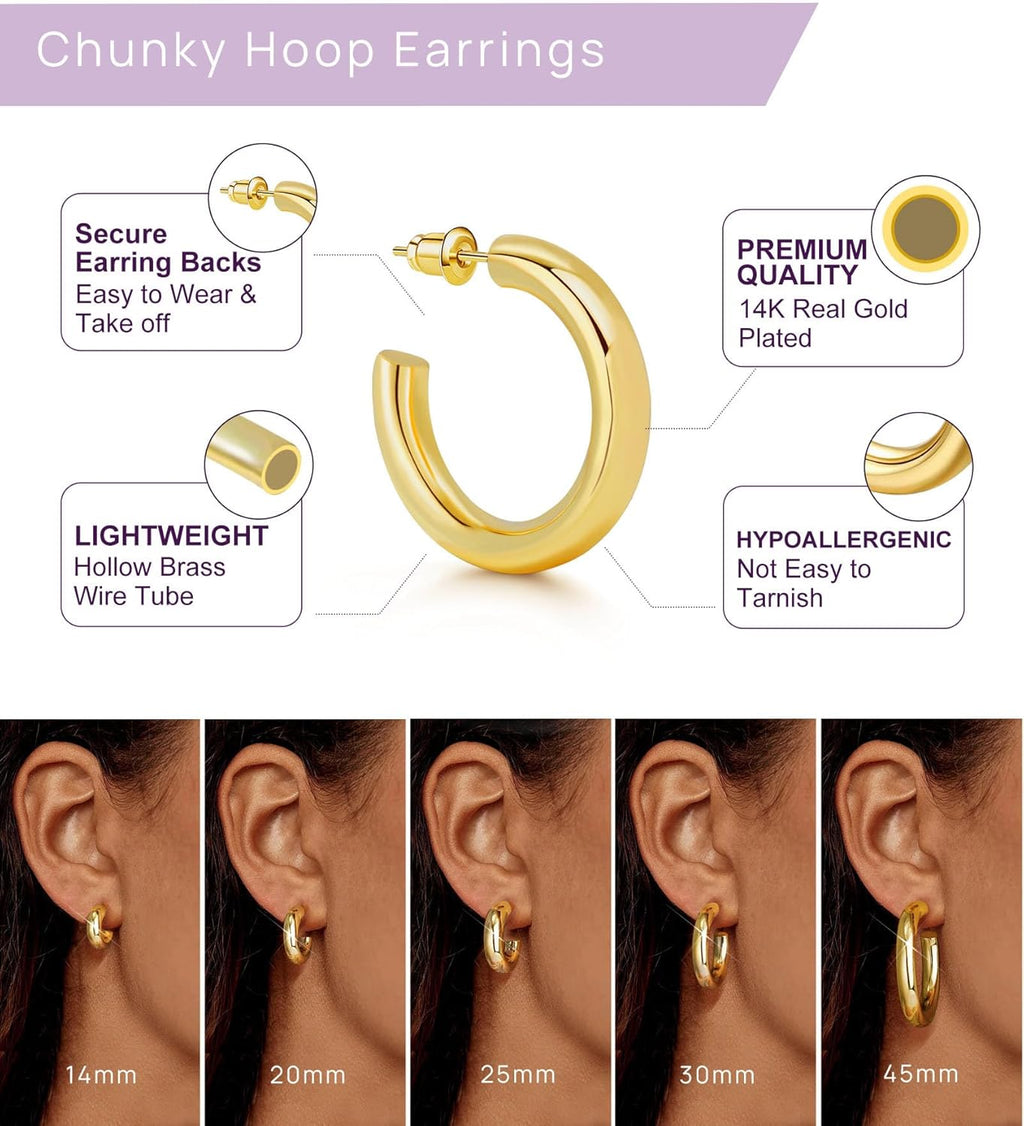 Chic 14K Gold Plated Chunky Hoop Earrings for Women - Lightweight and Stylish Jewelry Gift Options in 45MM Size
