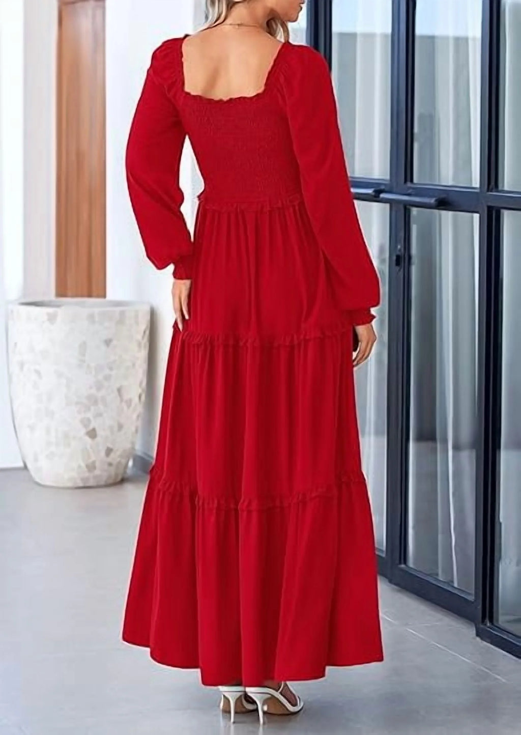 Chic Women's Smocked Maxi Dress - Long Sleeve Square Neck A-Line with Pockets for Casual Elegance