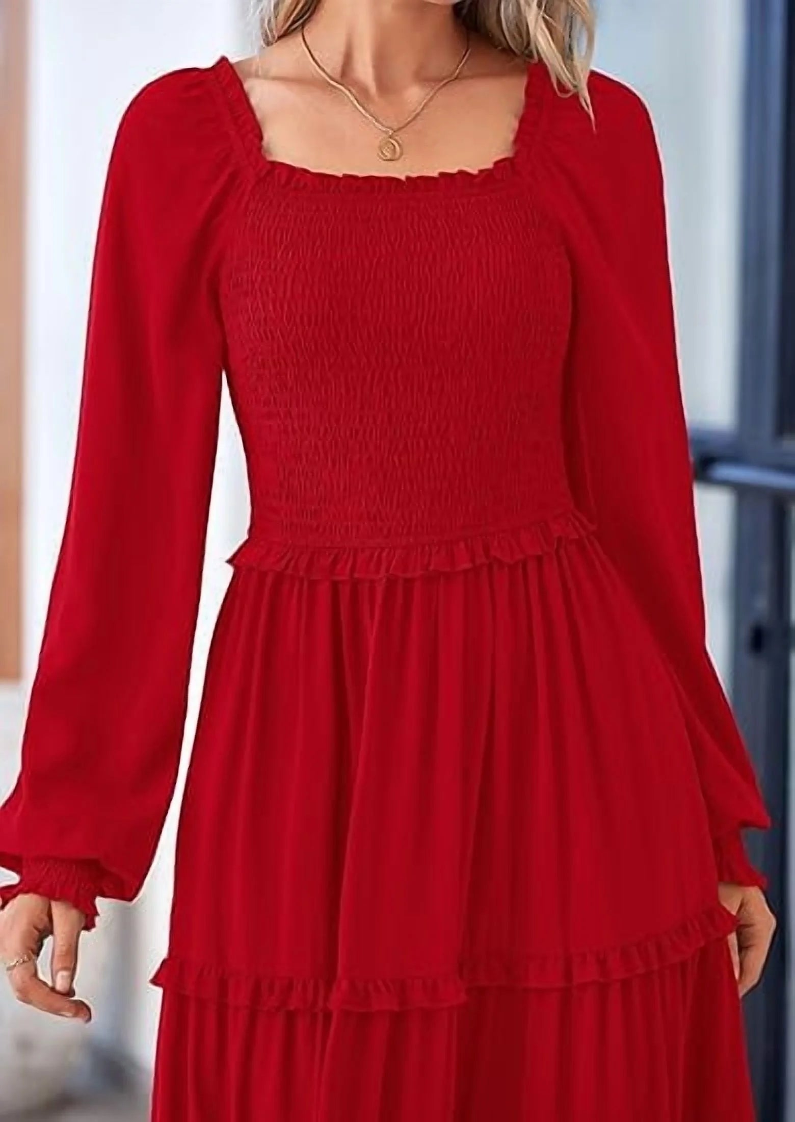 Chic Women's Smocked Maxi Dress - Long Sleeve Square Neck A-Line with Pockets for Casual Elegance