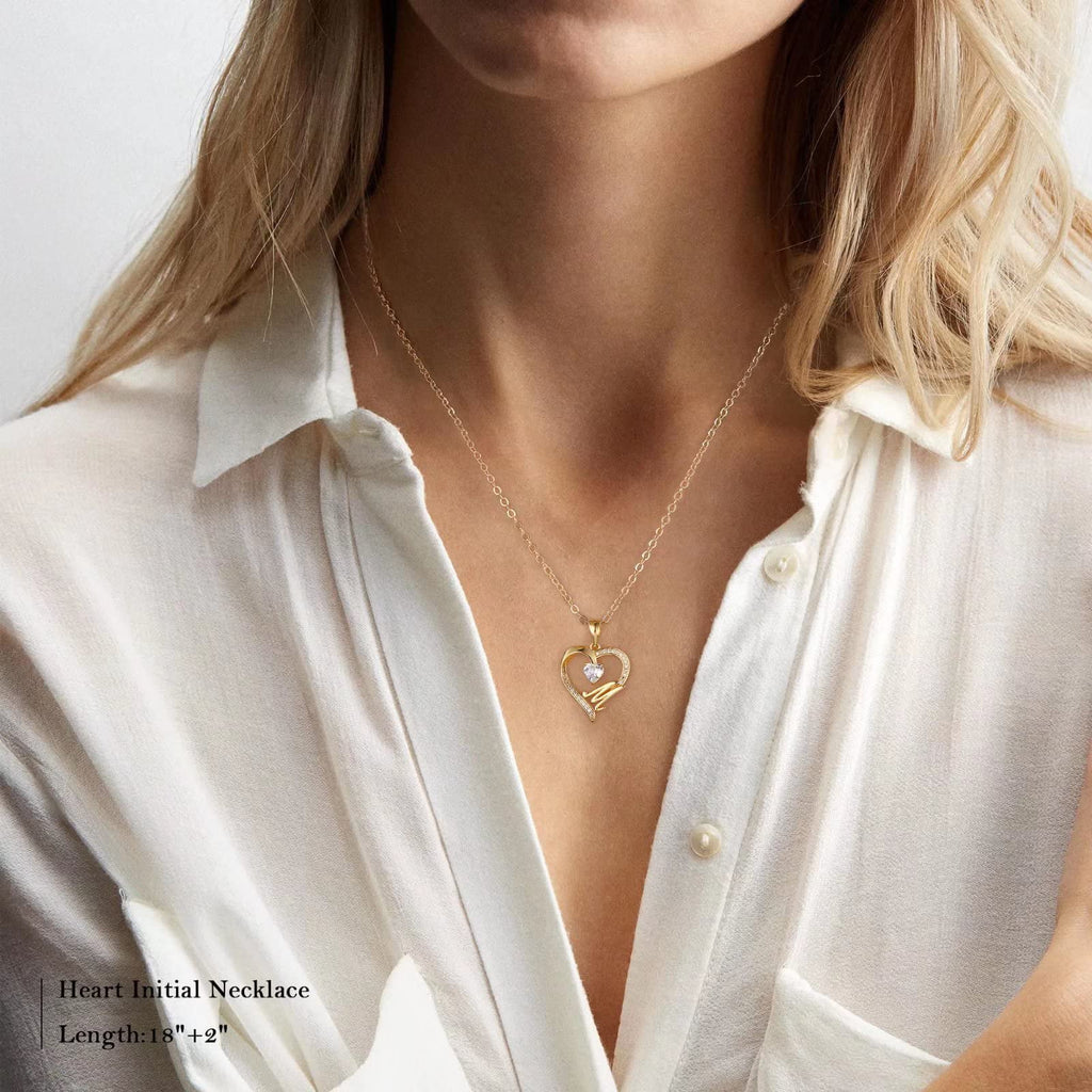 Personalized Initial Heart Necklace for Women - 14K Gold Plated with Sparkling Cubic Zirconia