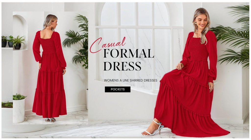Chic Women's Smocked Maxi Dress - Long Sleeve Square Neck A-Line with Pockets for Casual Elegance