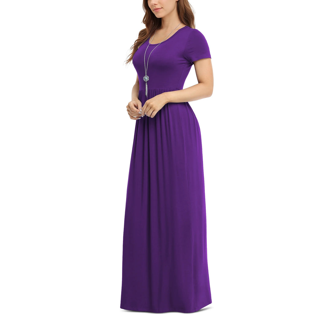 Effortlessly Chic Women's Short Sleeve Maxi Dress with Pockets - Dark Purple, XL
