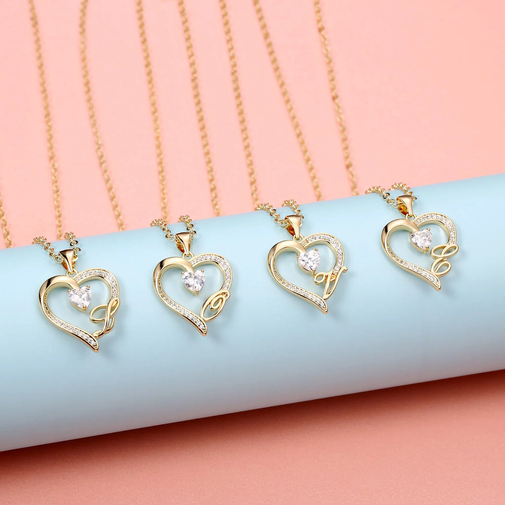 Personalized Initial Heart Necklace for Women - 14K Gold Plated with Sparkling Cubic Zirconia